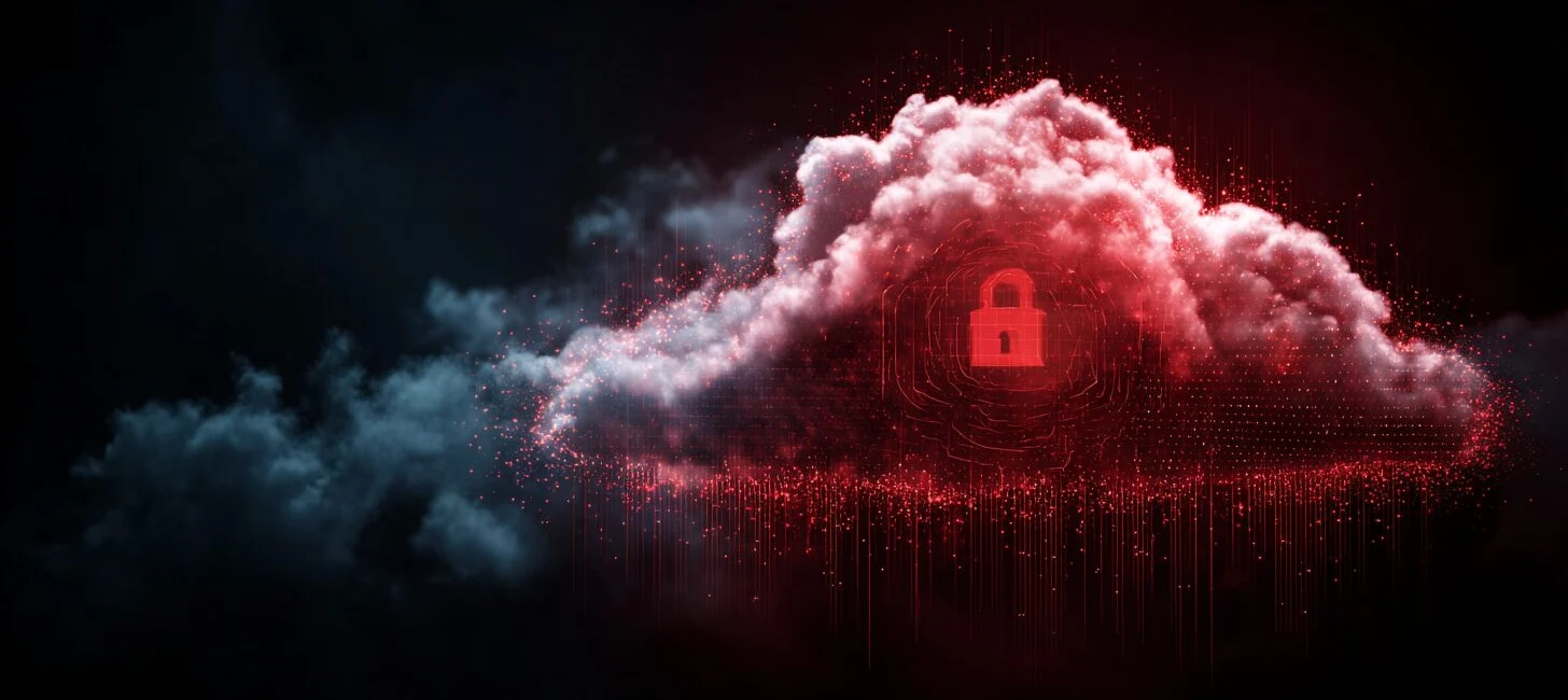 Symbolbild für Cloud Security Incident mit roter Wolke, digitalem Schloss und düsterer Cyberangriffs-Atmosphäre.