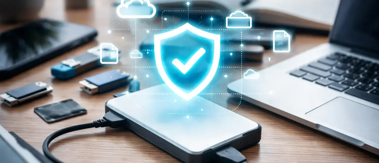 Externe Festplatte auf einem Schreibtisch neben einem Laptop, umgeben von Speichermedien und digitalen Sicherheitssymbolen als Sinnbild für Datensicherung und Backup.