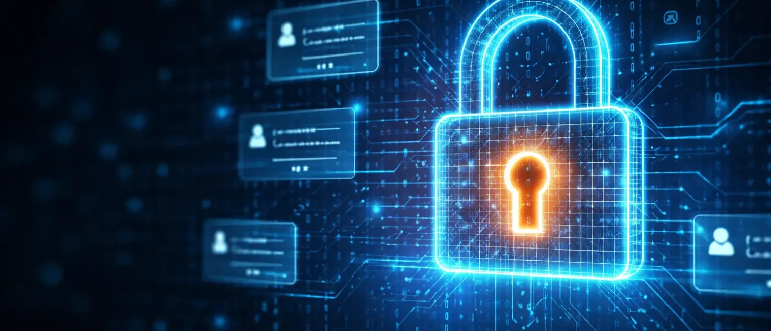 Minimalistische Cybersecurity-Illustration mit leuchtendem Schloss und digitalen Zugangsartefakten auf dunklem Hintergrund, rechtsbetont komponiert.