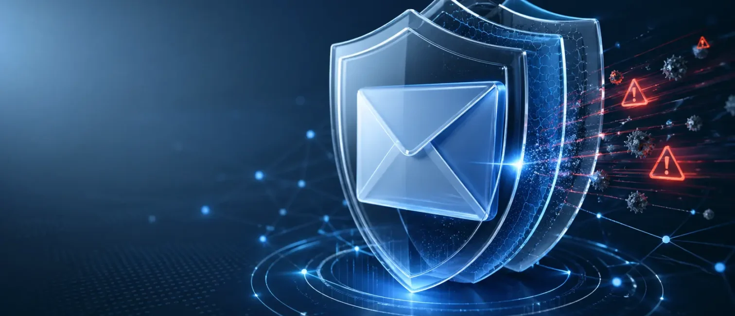 Mehrschichtiger digitaler Schutzschild um ein E-Mail-Symbol, der eingehende Cyberbedrohungen und Warnsignale abwehrt.