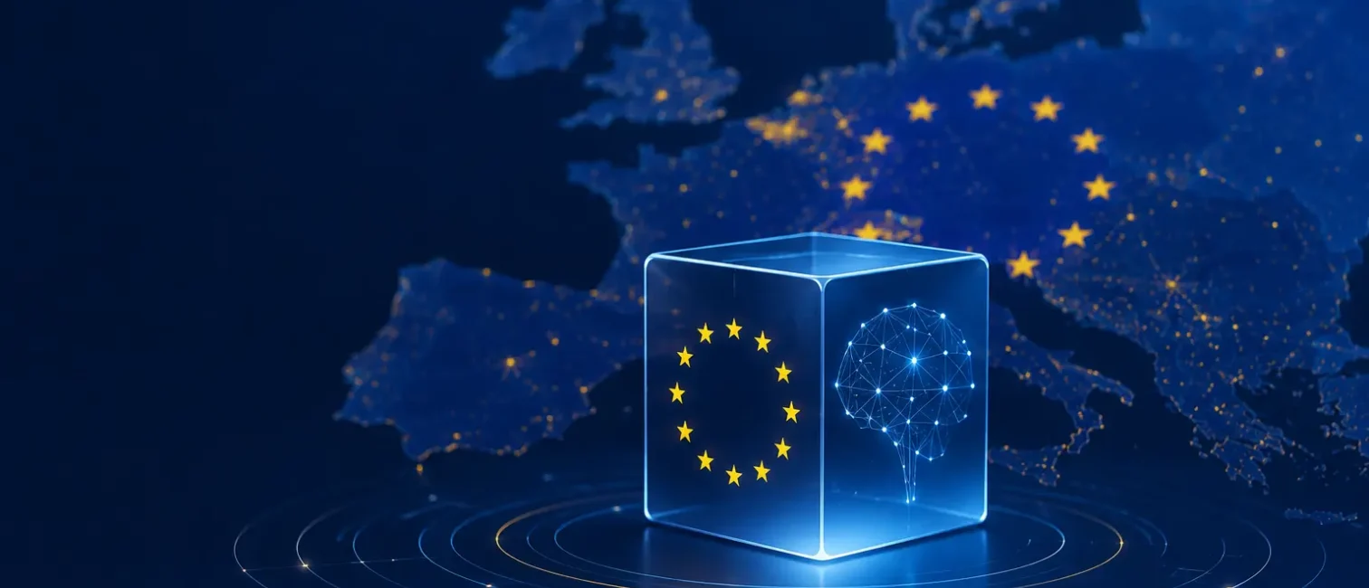 Modern-futuristische Illustration eines leuchtenden, transparenten Würfels mit KI-Symbol vor einer Europakarte in Dunkelblau mit angedeuteten EU-Sternen.