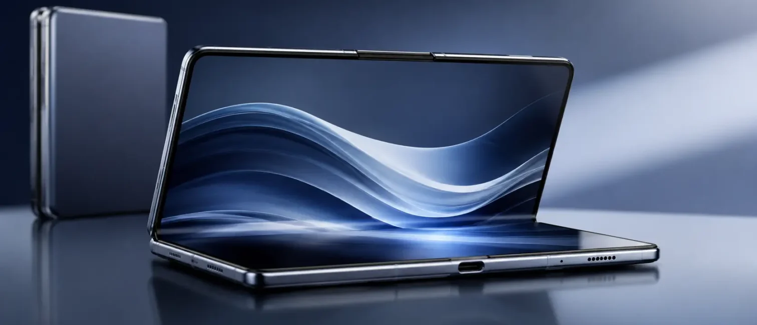 Modernes faltbares Smartphone mit breitem Display in futuristischer Studioaufnahme