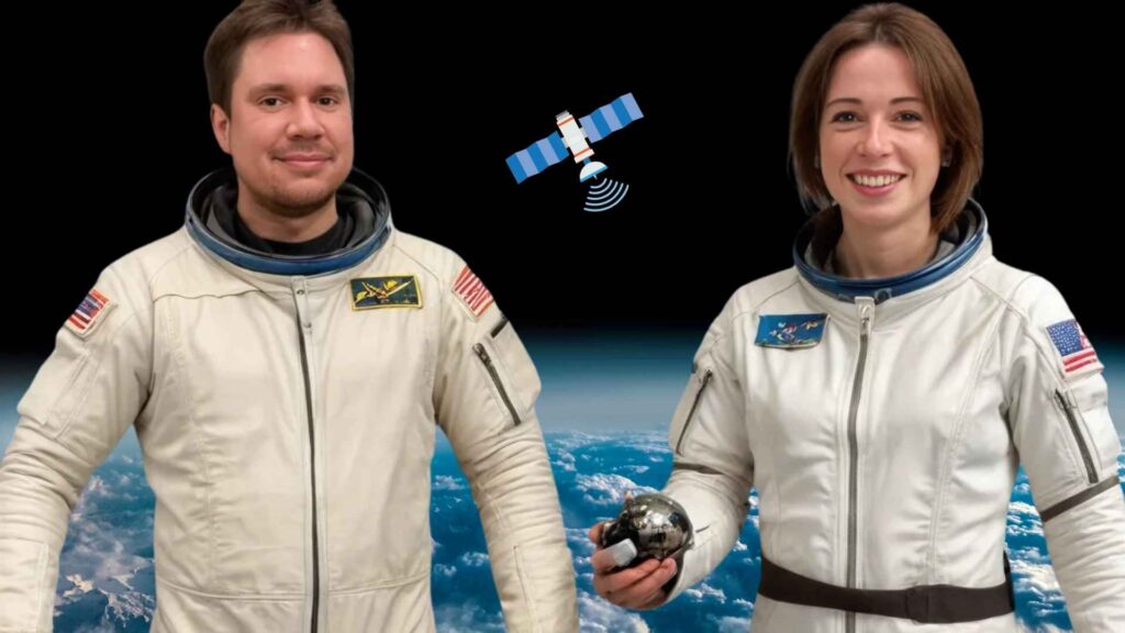 Hendrik und Martina in Astronautenanzügen. Im Weltraum mit einem skizzierten OneWeb Satelliten.