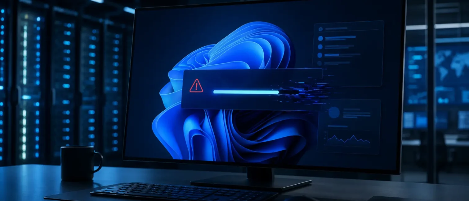 Futuristischer Arbeitsplatz mit Monitor, Update-Warnsymbol und Serverraum im Hintergrund.