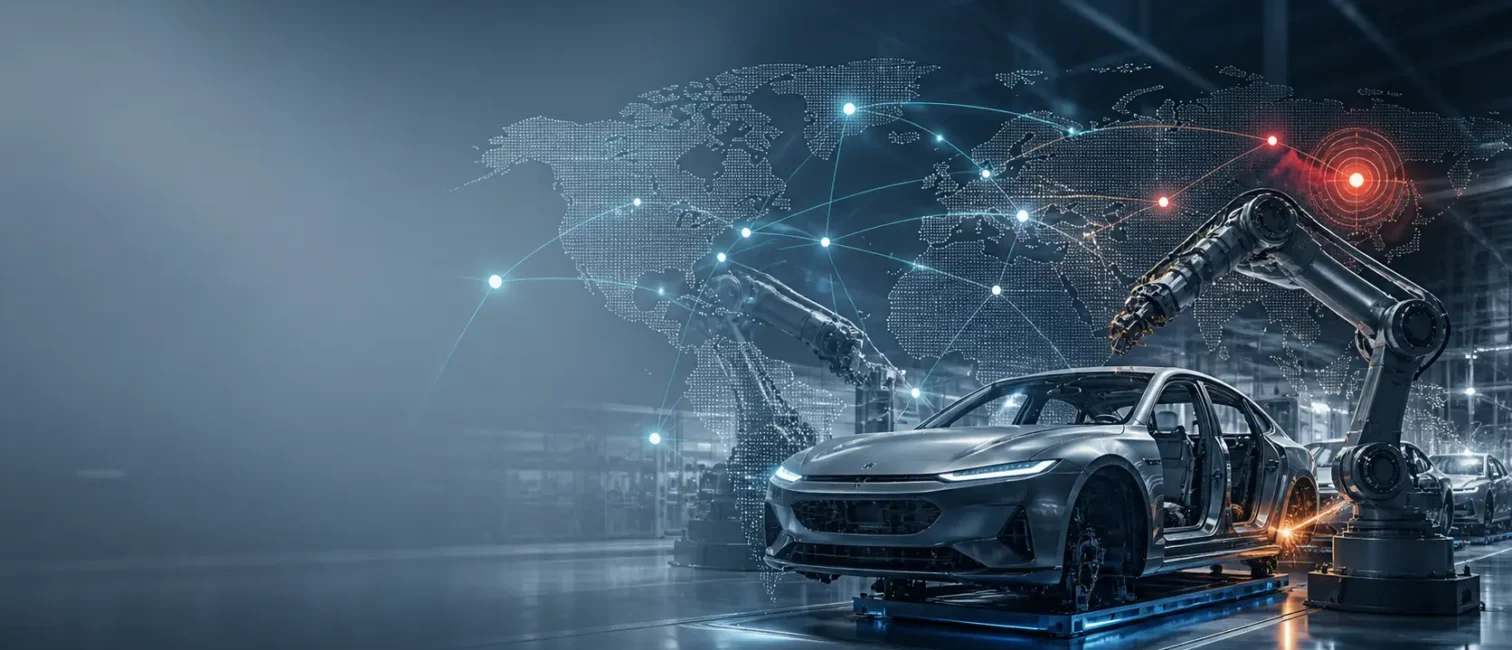 Futuristische Autofertigung mit Roboterarmen, digitaler Weltkarte und vernetzten Lieferketten im Hintergrund.