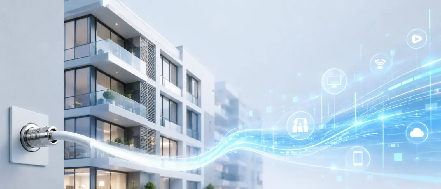Modernes Wohngebäude mit Kabelanschluss, aus dem digitale Datenströme für TV, Internet und Cloud-Dienste entstehen.