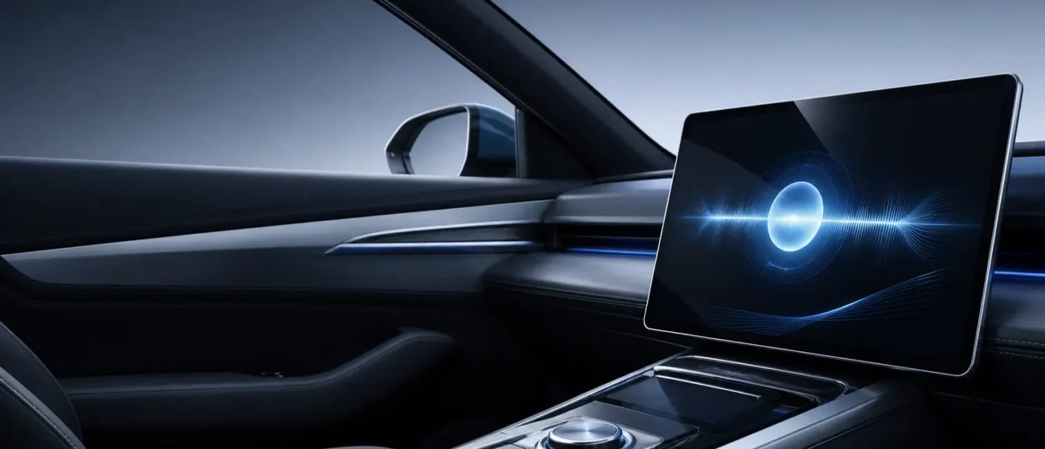 Futuristischer Fahrzeuginnenraum mit großem Display auf der rechten Seite, das eine sprachbasierte KI-Oberfläche in blauen Lichttönen zeigt.
