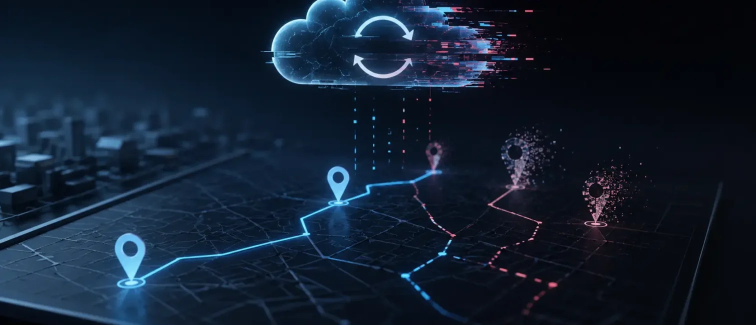 Futuristische digitale Karte mit Cloud-Sync-Symbol und fragmentierten Standortmarkern als Symbol für gestörte Datensynchronisation.