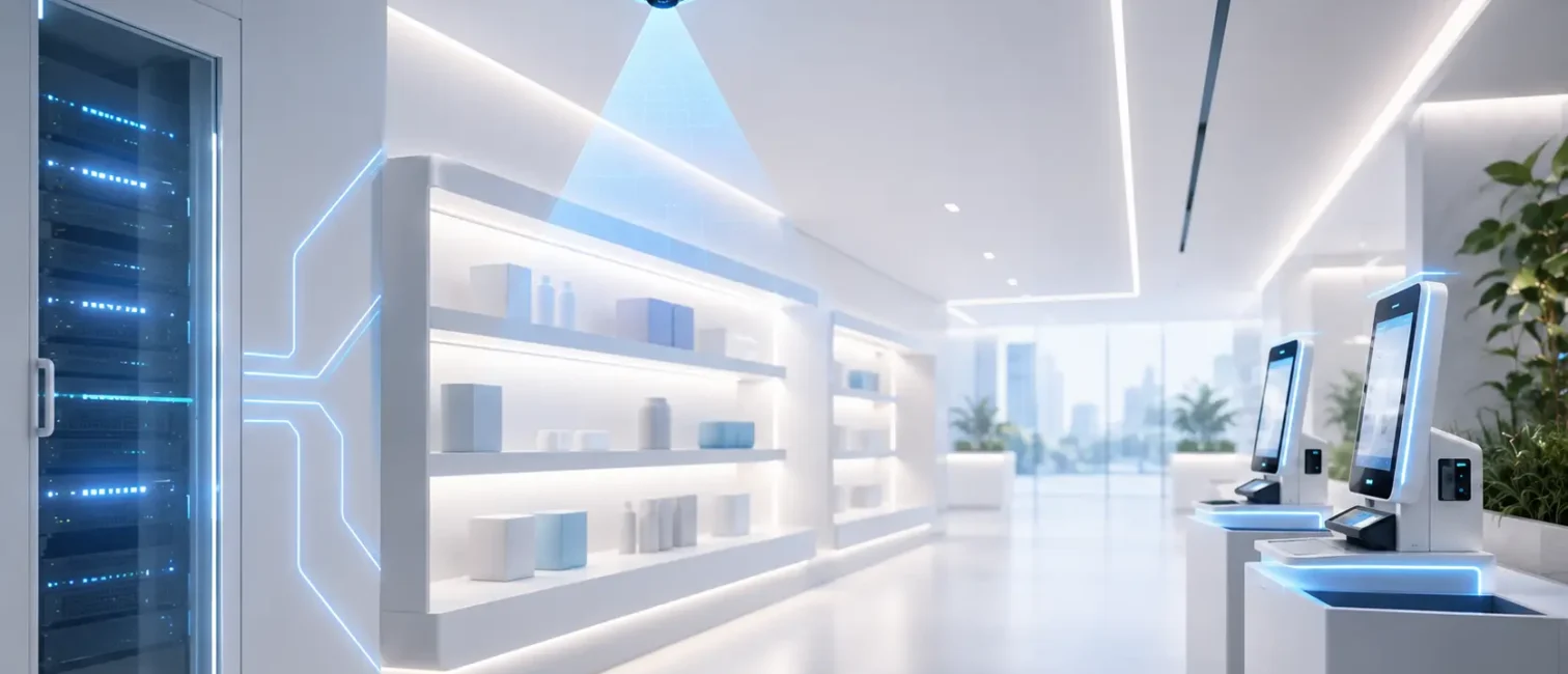 Abstrakte, helle Retail-Umgebung mit Edge-Server, Self-Checkout, smarten Regalen und KI-Sensorik.
