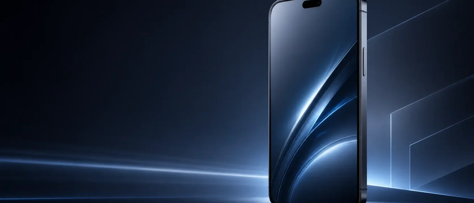 Modernes futuristisches Smartphone in dunkler, blau beleuchteter Studio-Umgebung, rechts im Bild mit viel Freiraum links