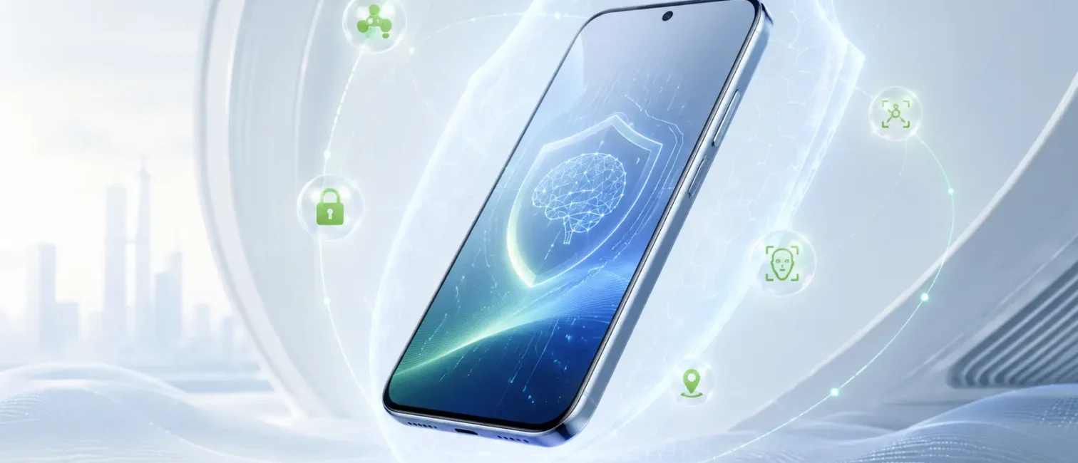 Futuristisches Smartphone mit leuchtendem Schutzschild und KI-Symbolen für mobile Sicherheit und Diebstahlschutz.