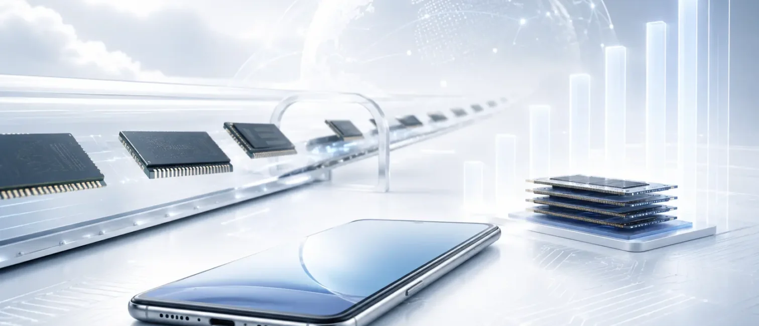 Modernes, helles Tech-Motiv mit Smartphone, Speicherchips und leuchtenden Balkendiagrammen in einer futuristischen Umgebung.