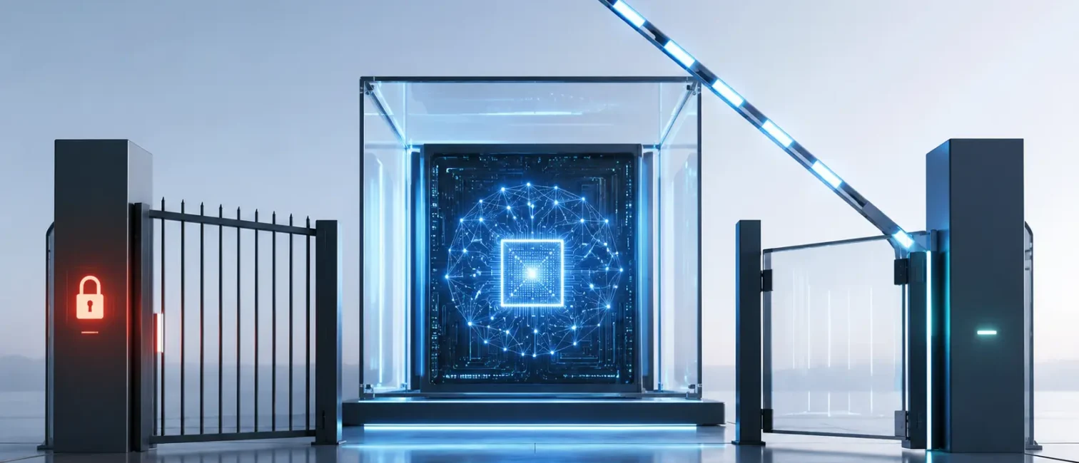 Futuristischer KI-Chip in einer geöffneten Sicherheitsbarriere als Symbol für regulierten Zugriff auf KI-Modelle.