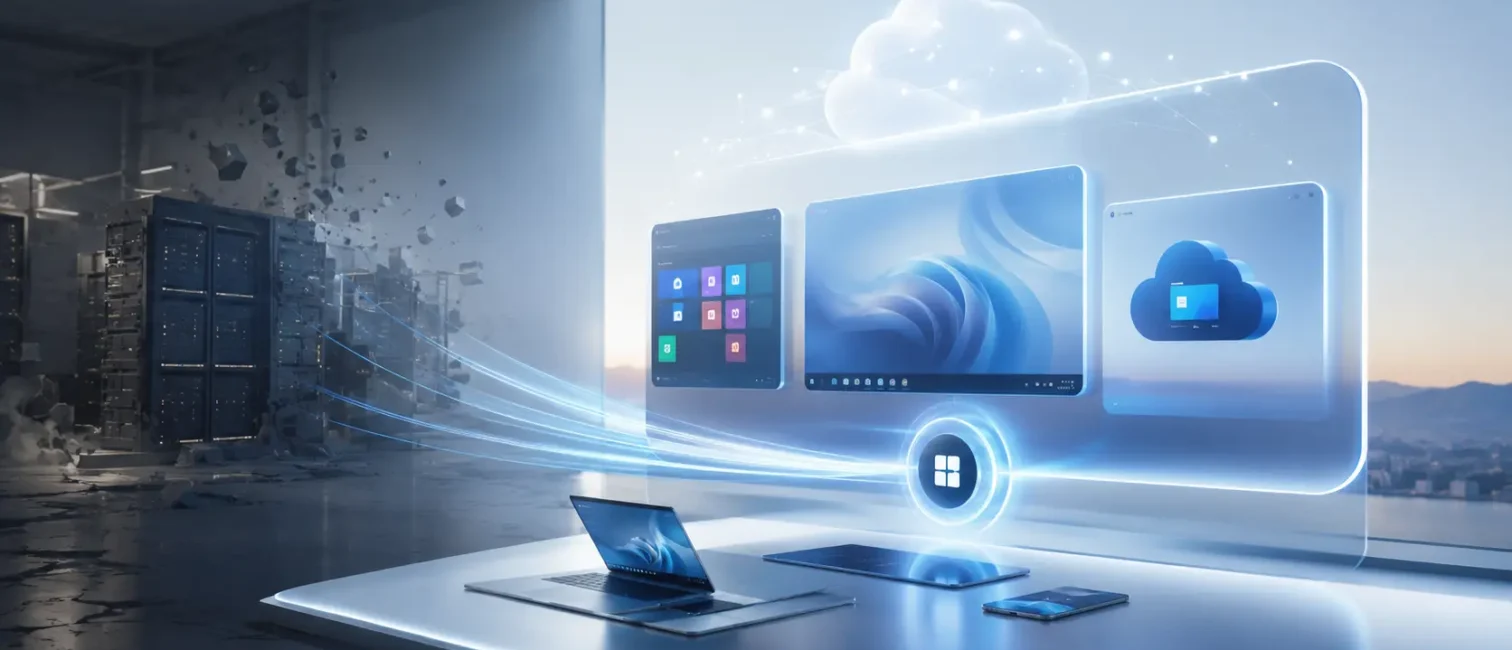Futuristische Cloud-Arbeitsumgebung mit vernetzten Desktop-Oberflächen, Geräten und verblassender Server-Infrastruktur.