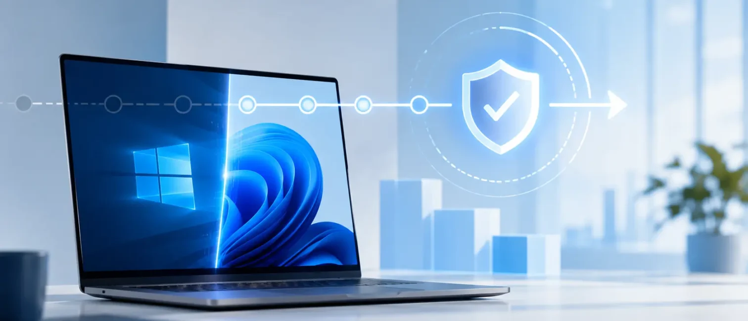 Modernes Notebook mit symbolischem Sicherheits-Update-Pfad und Schutzschild als Visualisierung verlängerter Windows-10-Sicherheitsupdates.