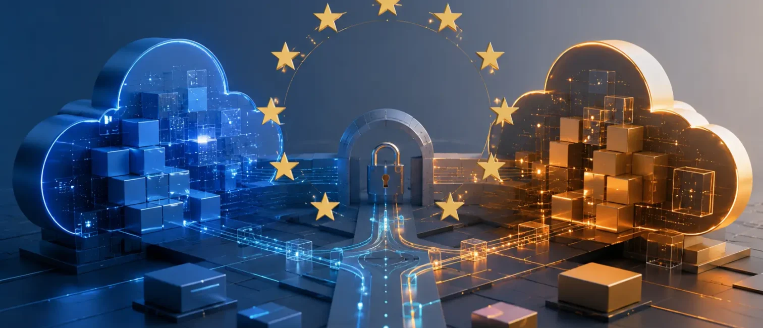 Abstrakte Darstellung von Cloud-Lock-in: Zwei vernetzte Cloud-Infrastrukturen mit EU-Sternen, Datenströmen und Schloss-Symbol.
