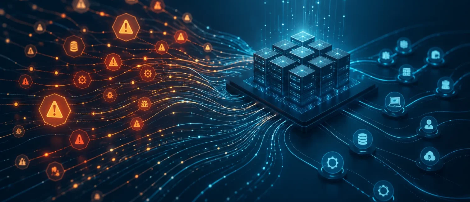 Abstrakte Cybersecurity-Visualisierung mit Server-Cluster, Datenströmen und Warnsymbolen für Schwachstellen.