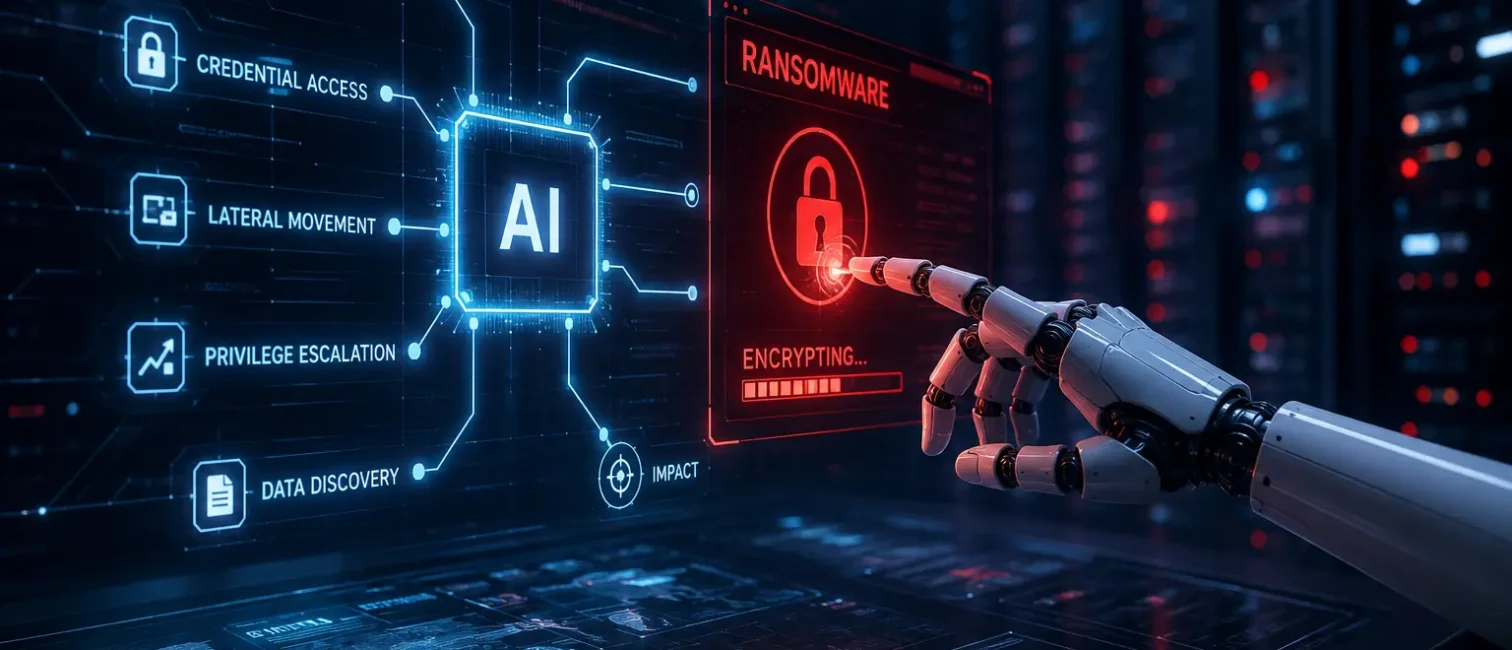 Futuristische Serverumgebung mit KI-System, Roboterhand und visualisierter Ransomware-Angriffskette.