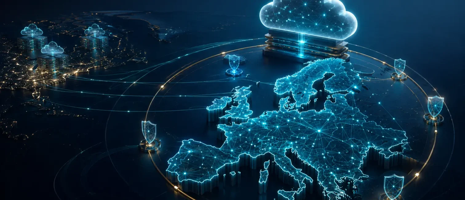 Futuristische Darstellung einer digital vernetzten Europakarte mit Cloud-Infrastruktur, Sicherheits-Symbolen und Datenverbindungen.