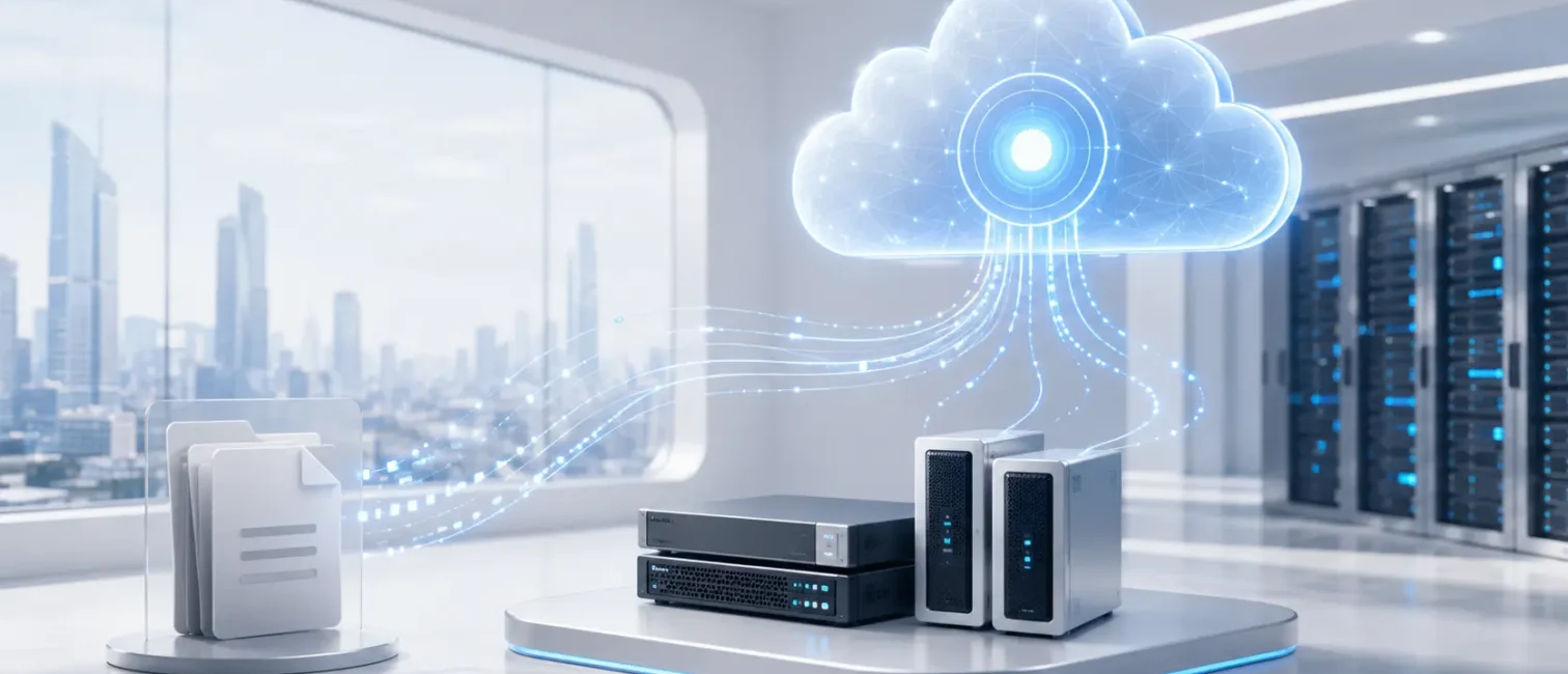 Modernes Serverraum-Motiv mit Cloud-Symbol, Netzwerkgeräten und digitalen Datenströmen als Visualisierung der Citrix-Lizenzumstellung auf LAS.