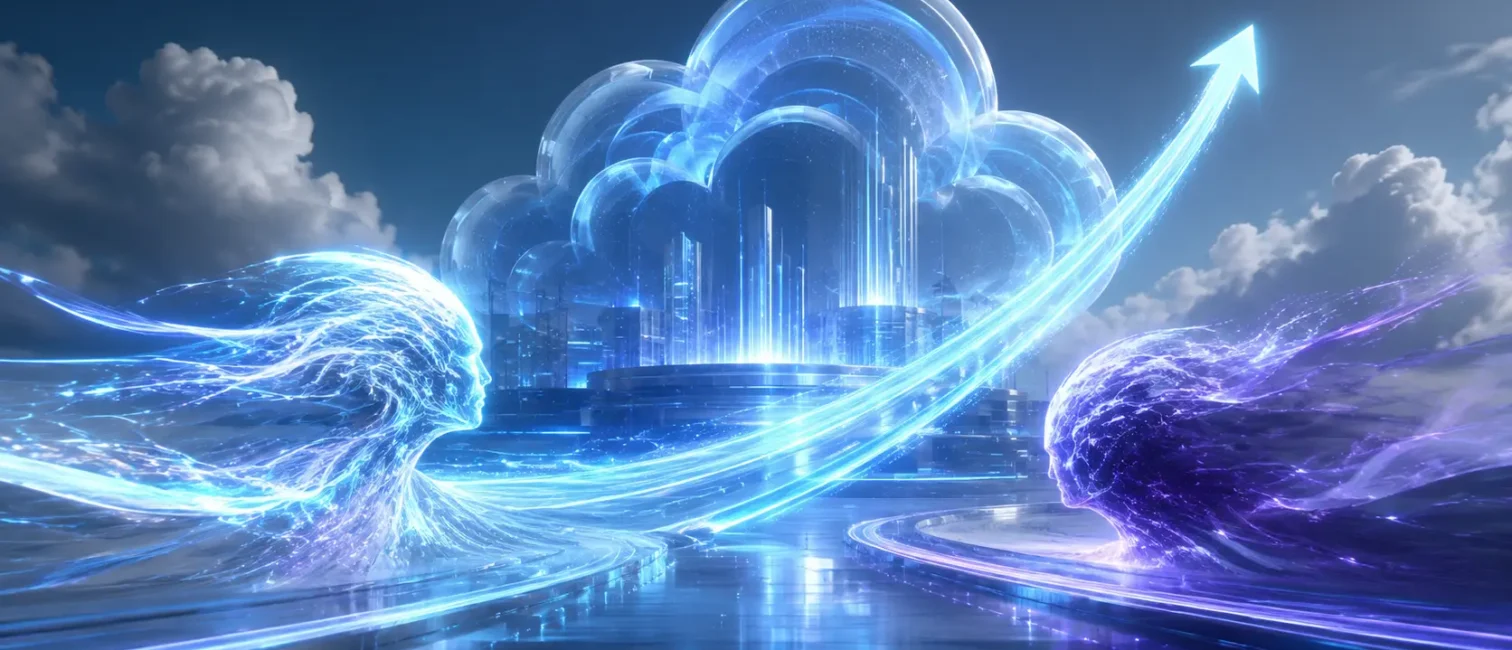 Abstrakte KI-Energieströme vor einer leuchtenden Cloud-Infrastruktur symbolisieren den Wettbewerb im Enterprise-KI-Markt.