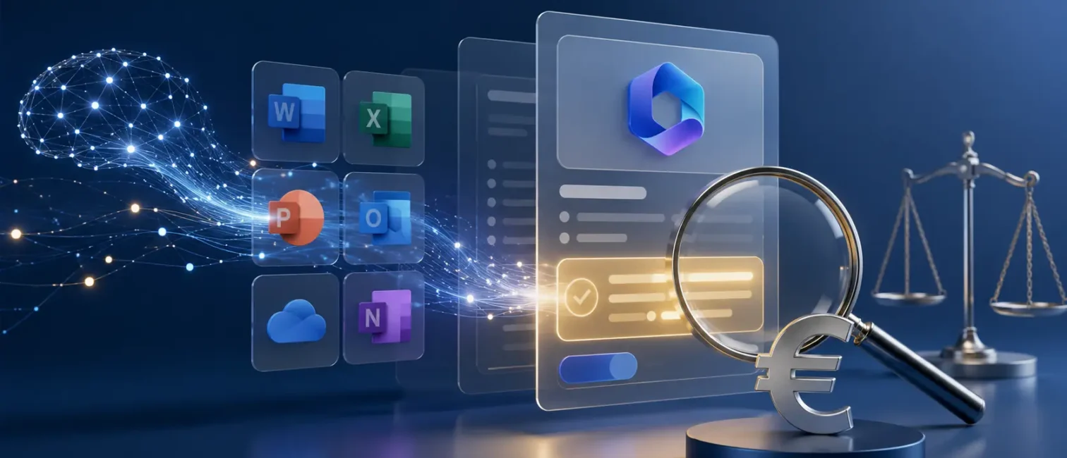 Modernes Beitragsbild zu Microsoft 365 und KI-Lizenzen mit digitalen Software-Kacheln, KI-Netzwerk, Lupe, Euro-Symbol und Waage als Symbol für Preistransparenz und Prüfung.