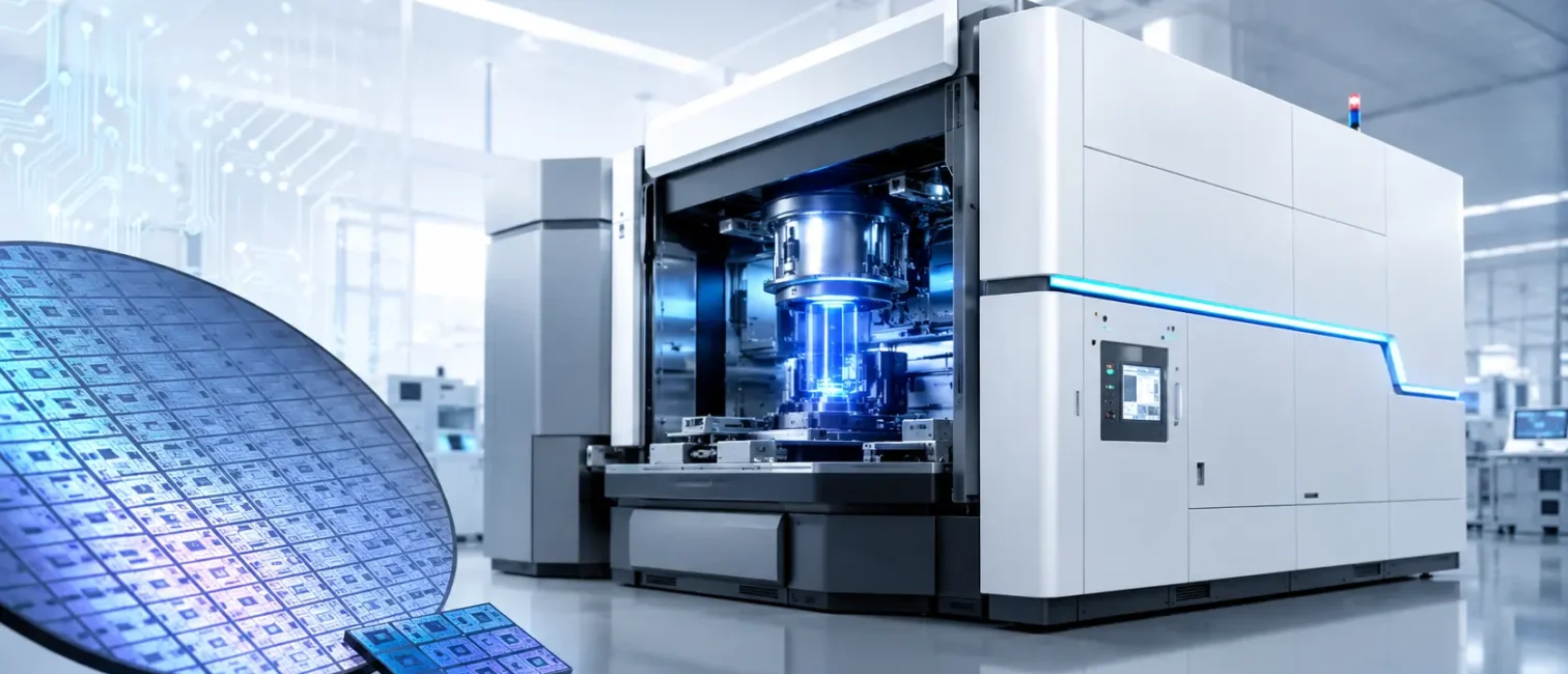 Futuristische Lithografiemaschine in einem hellen Reinraum mit Siliziumwafer im Vordergrund als Symbol für moderne Chipfertigung und KI-Infrastruktur.