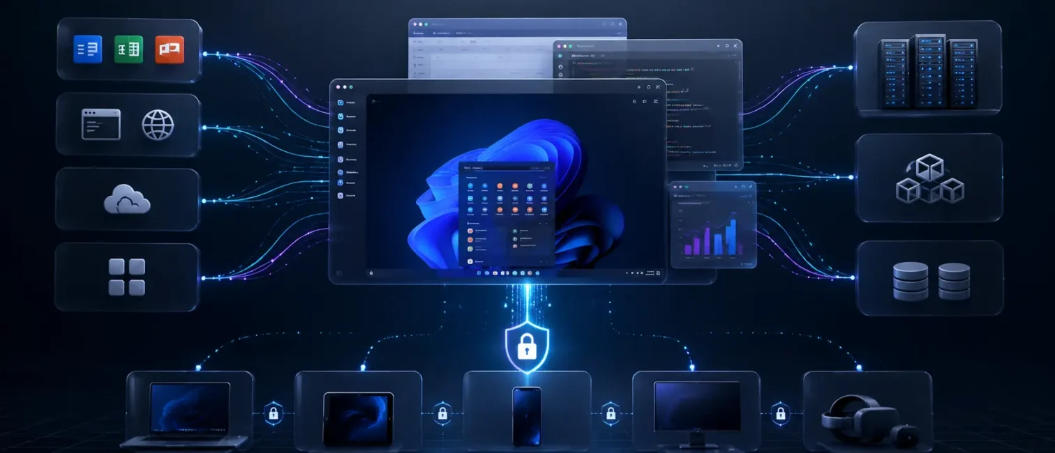 Abstrakte Darstellung einer sicheren Enterprise-Workspace-Infrastruktur mit virtuellen Anwendungen, Servern, Cloud-Diensten und verbundenen Endgeräten.
