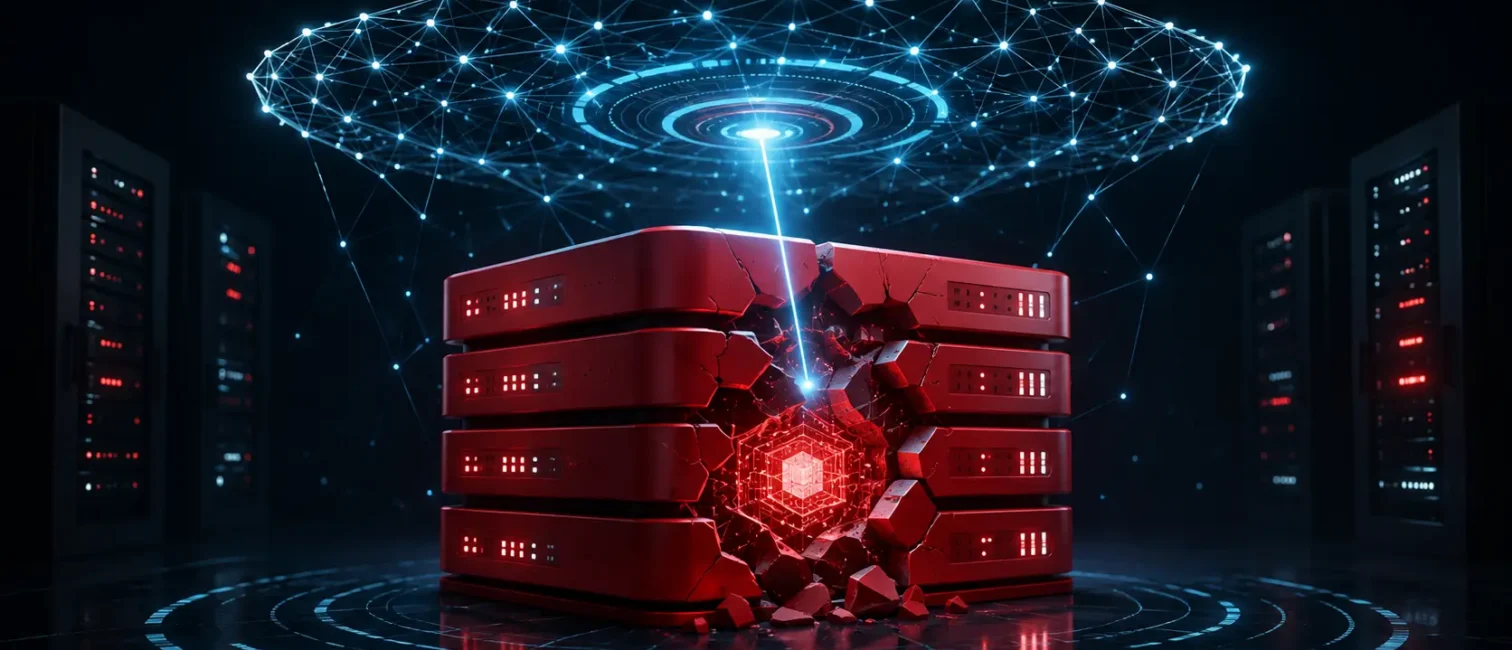 Futuristische Serverarchitektur mit rotem Datenbankkern, der von einem KI-gestützten Scan auf Schwachstellen untersucht wird.