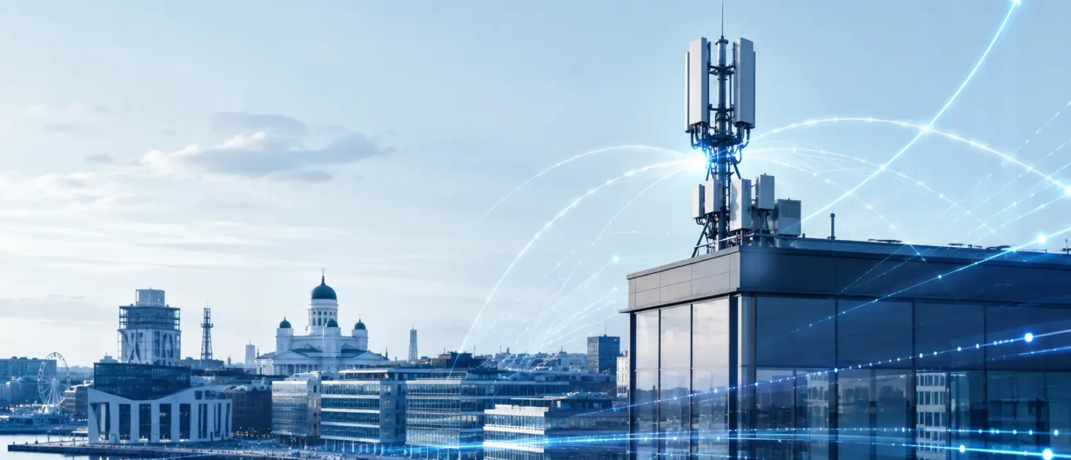 Moderne 5G-Antenne auf einem Bürogebäude mit digitalen Netzwerkverbindungen über einer nordischen Stadtlandschaft.