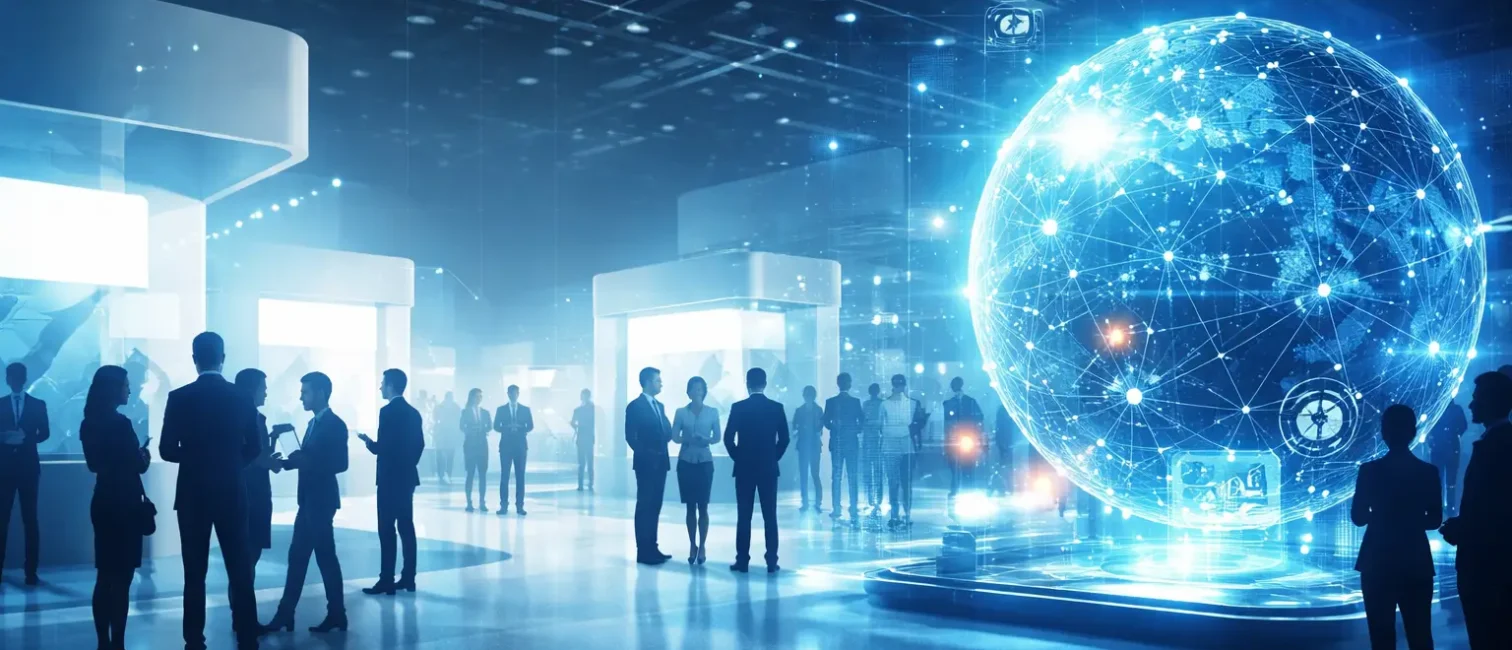 Minimalistische Tech-Messe-Szene in kühlen Blautönen mit Business-Personen und leuchtender digitaler Weltkugel rechts im Bild.