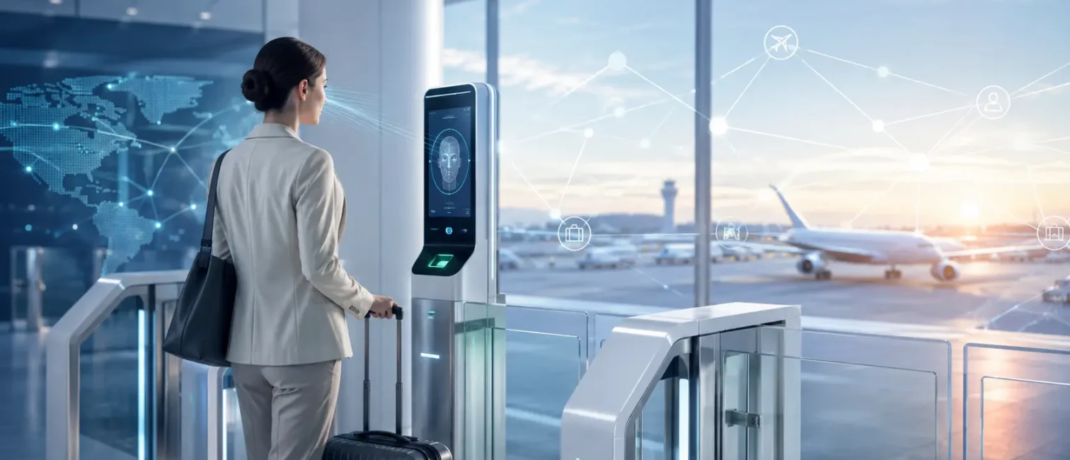 Futuristischer Flughafen mit biometrischer Kontrolle als Symbol für die Amadeus Travel-Tech-Plattform