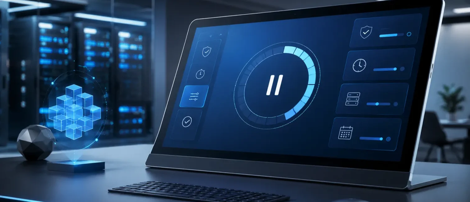 Futuristisches IT-Dashboard mit pausiertem Update-Symbol in moderner Serverraum-Umgebung