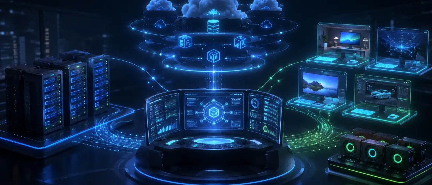 Modernes Hybrid-Cloud-Kontrollzentrum mit vernetzten Servern, virtuellen Desktops und GPU-Ressourcen.