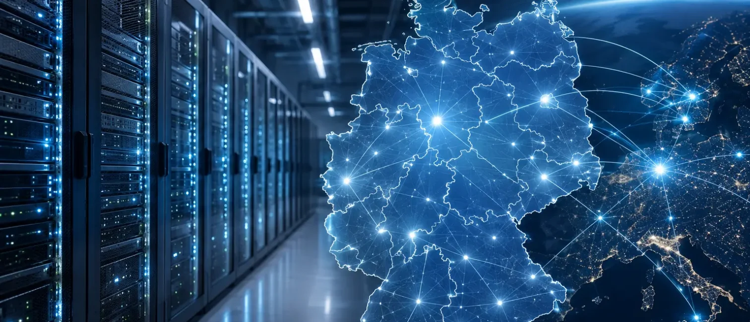 Futuristische Serverreihen in einem Rechenzentrum neben einer leuchtenden Deutschlandkarte mit digital vernetzten Standorten.