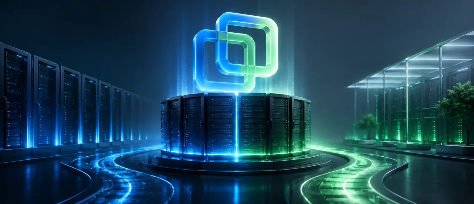 Futuristisches Rechenzentrum mit zentralem Servercluster und abstrahiertem VMware-Symbol als Hinweis auf Virtualisierung und strategische Plattformentscheidungen.