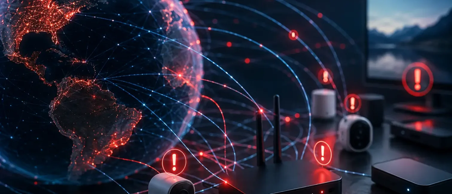 Illustration eines globalen Netzwerks kompromittierter IoT-Geräte wie Router, Überwachungskameras und Streaming-Boxen, die über digitale Verbindungen mit einer Weltkugel verbunden sind und die Störung des Residential-Proxy-Netzwerks NetNut symbolisieren.
