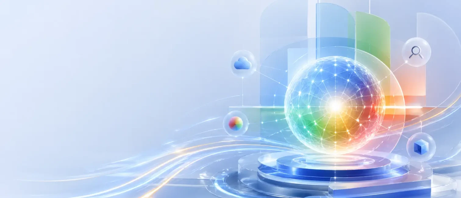Abstrakte, futuristische KI-Visualisierung mit leuchtender digitaler Sphäre, vernetzten Datenpunkten und transparenten Interface-Elementen in Blau- und Multicolor-Tönen auf hellem Hintergrund.