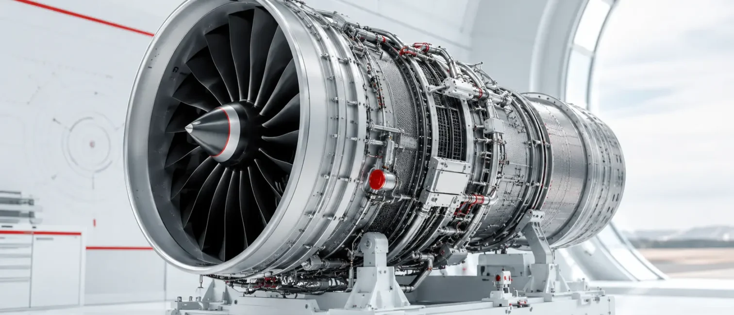 Modernes Jet-Triebwerk in heller Hightech-Umgebung als Symbol für technologische Souveränität und kritische Infrastruktur