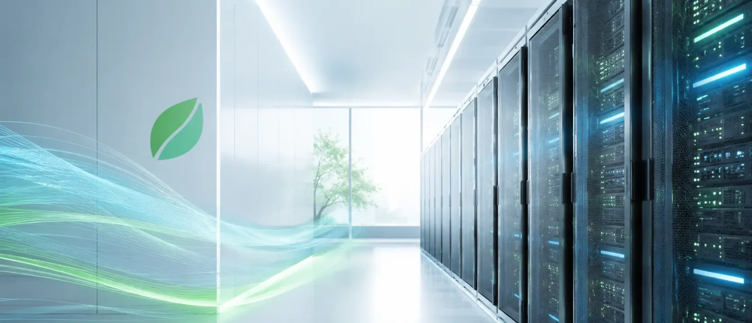 Heller, moderner Serverraum mit energieeffizienter IT-Infrastruktur, grünen und blauen Datenströmen sowie Nachhaltigkeitssymbol.