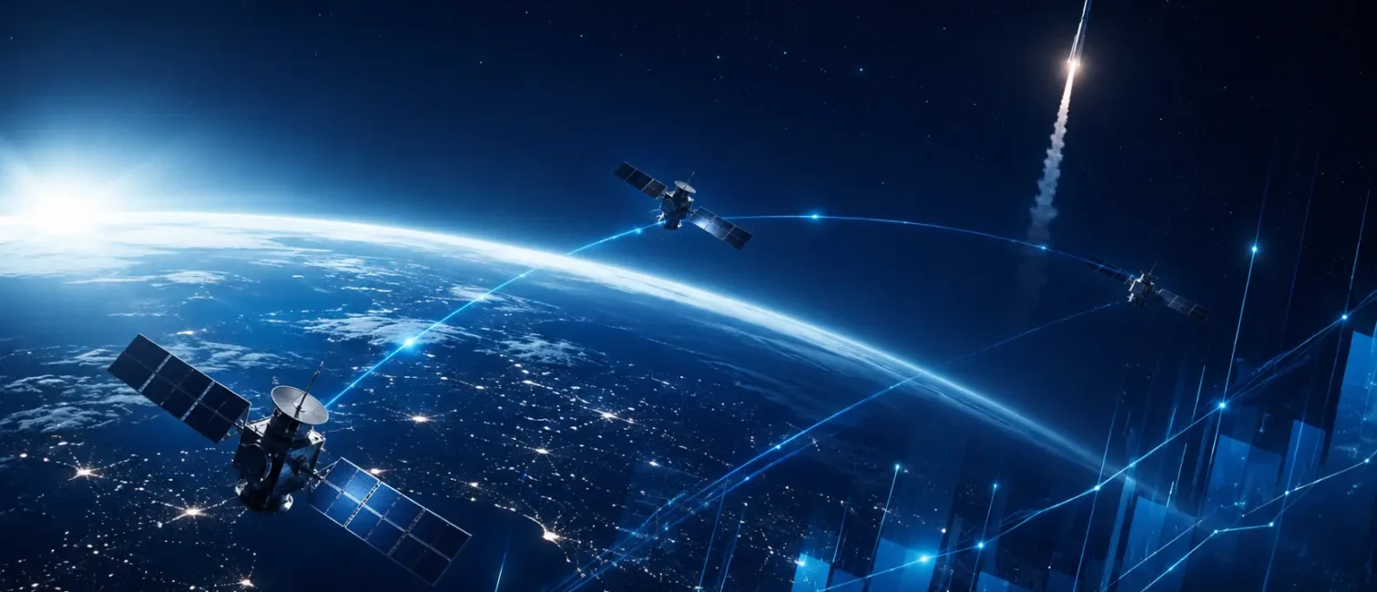 Futuristische Satelliten über der Erde mit leuchtenden Datenverbindungen und Raketenstart im Hintergrund.