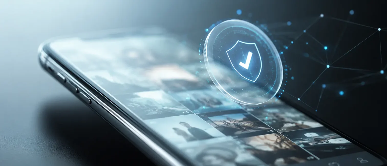 Modernes Smartphone mit social-media-ähnlicher Bildübersicht und schwebendem holografischem Schutzsymbol als Sinnbild für KI-Transparenz und Content-Kennzeichnung.