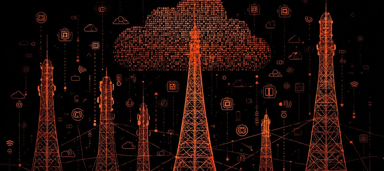 Symbolbild für Telco-Cloud, 5G und AI-Native-Netzarchitektur mit Mobilfunkmasten, Cloud-Visualisierung und digitalen Netzwerksignalen.