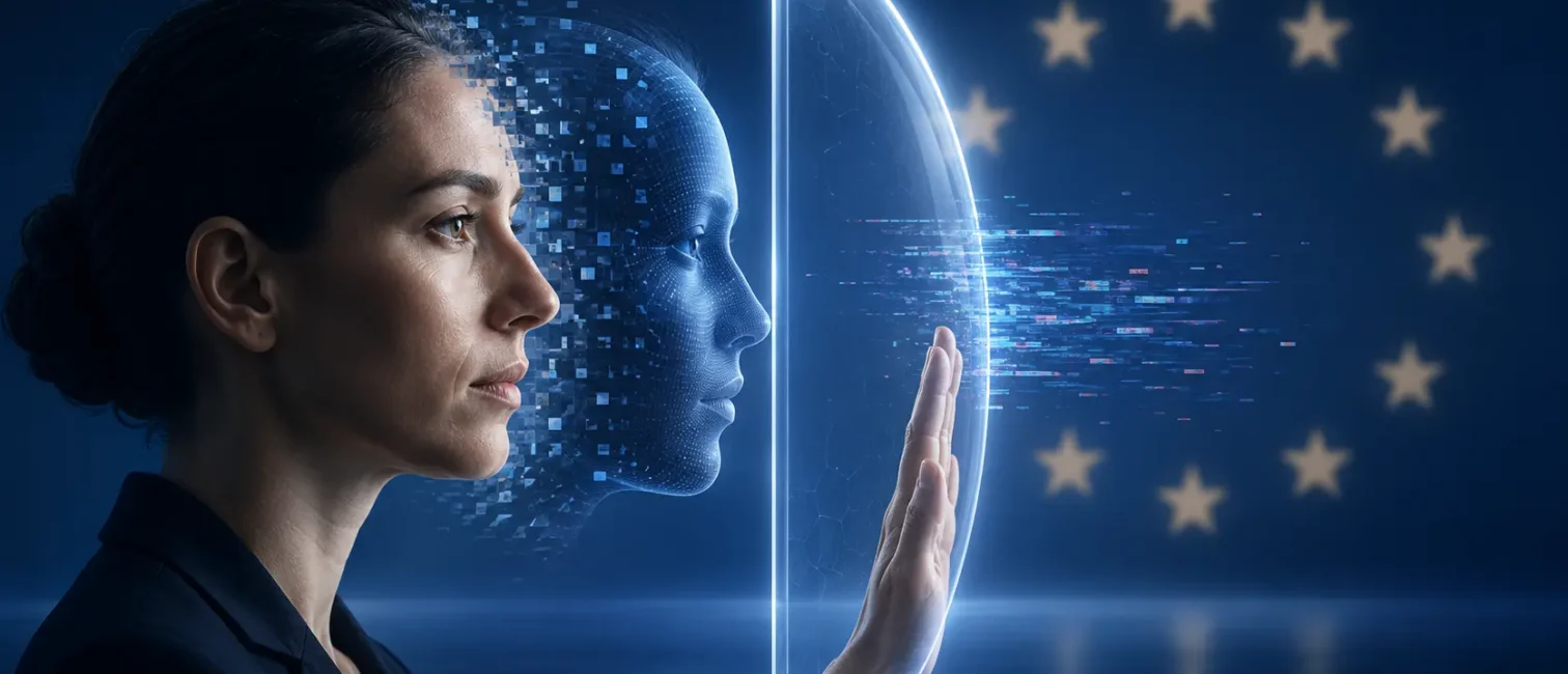 Profil einer Frau neben einem digitalen KI-Gesicht, getrennt durch ein leuchtendes Schutzschild vor EU-Sternen – Symbol für Regulierung von Deepfakes.
