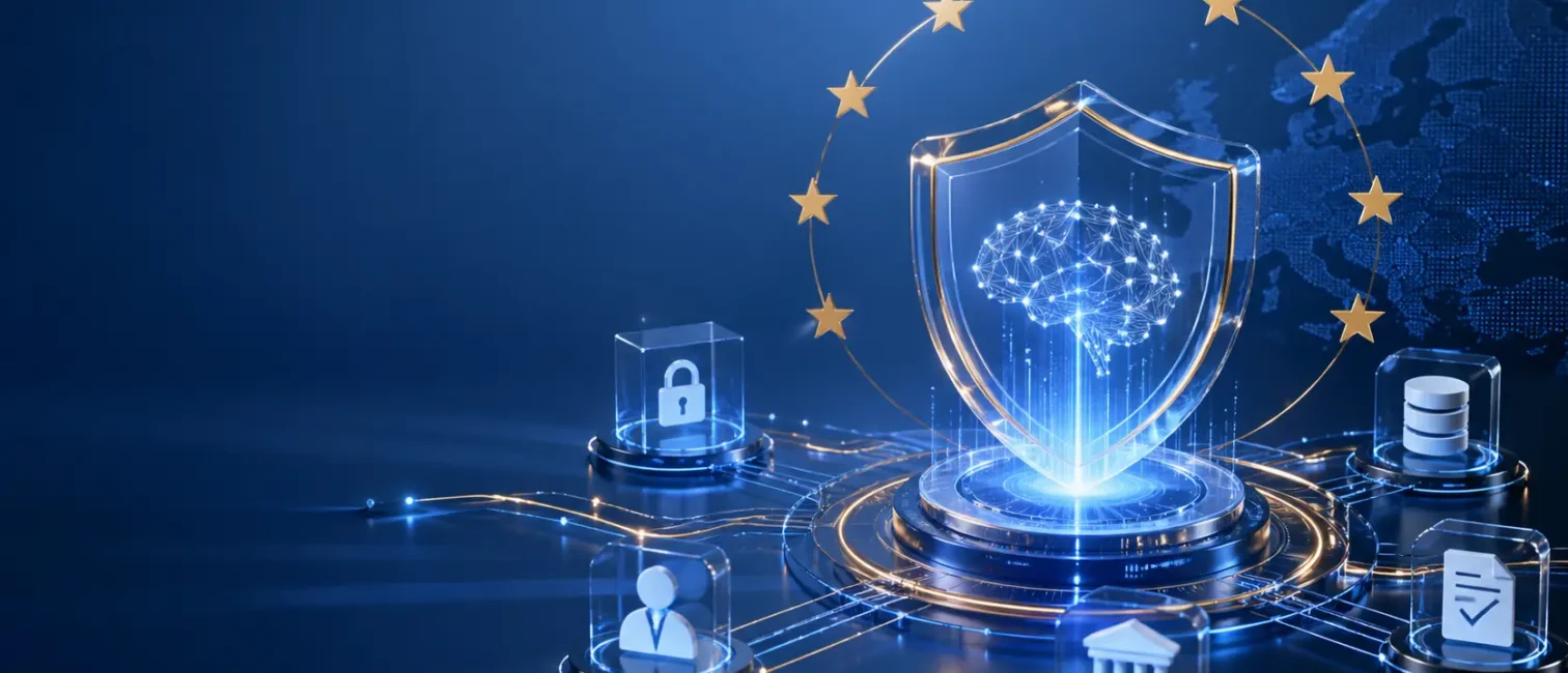 Futuristische Visualisierung zu KI-Regulierung und Datenschutz in der EU: leuchtendes Schutzschild mit KI-Symbol, umgeben von Daten-, Sicherheits- und Governance-Icons.