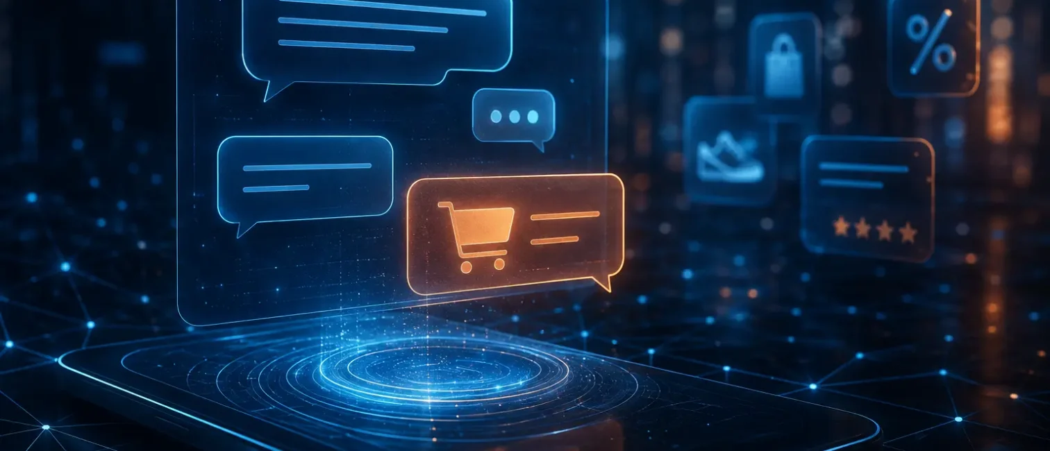 Futuristische KI-Chatoberfläche mit eingeblendeter Shopping-Anzeige auf einem digitalen Gerät.