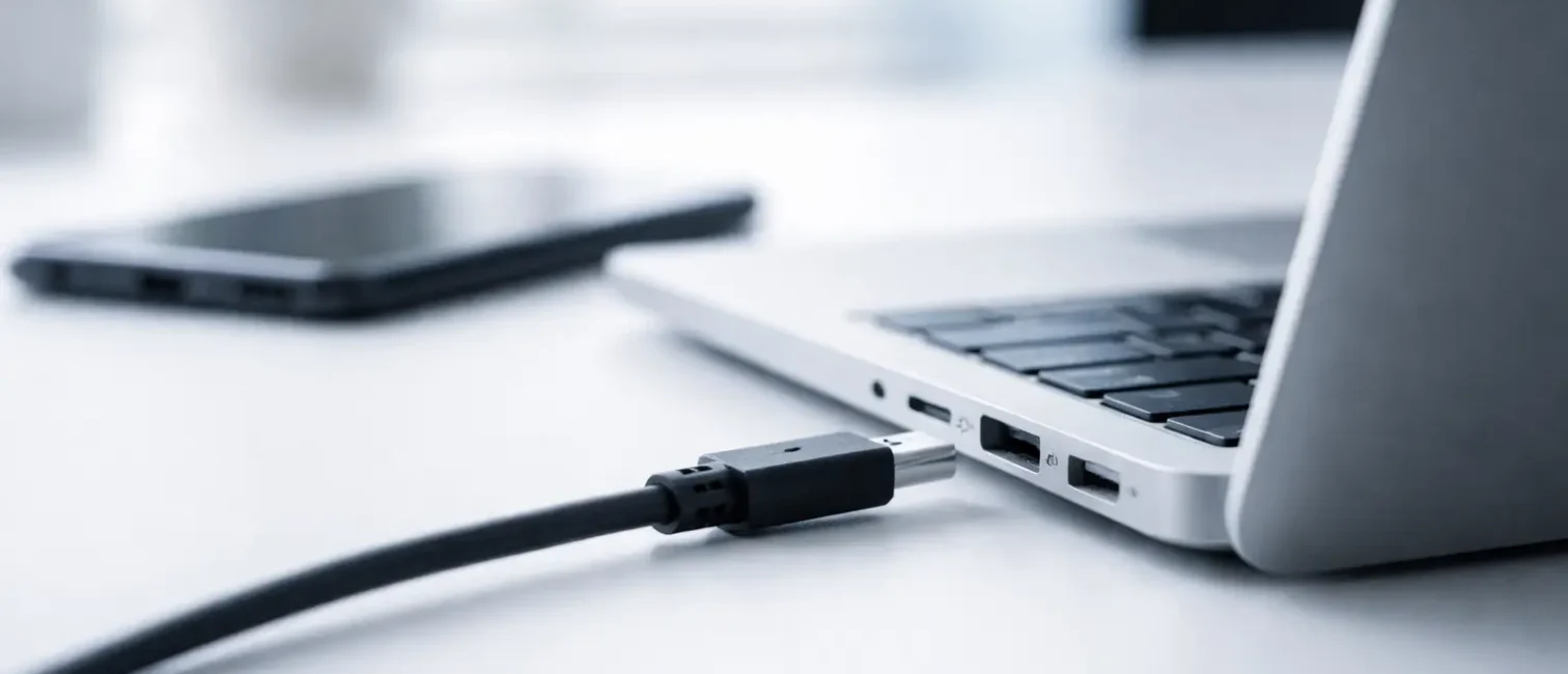 USB-C-Ladekabel vor einem geöffneten Laptop auf hellem Schreibtisch, minimalistische Büroaufnahme mit unscharfem Smartphone im Hintergrund.