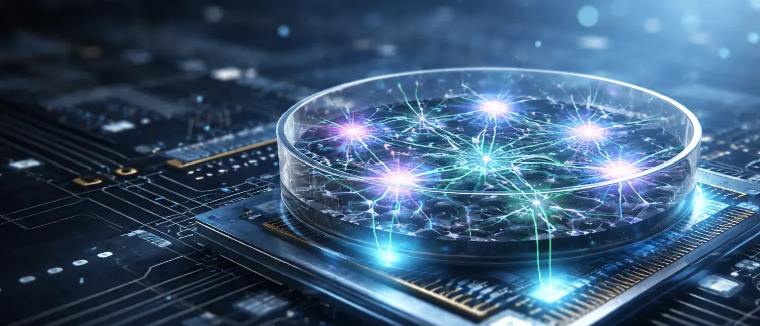 Minimalistische Visualisierung biologischer Neuronen in einer Petrischale auf einem Mikrochip, rechtslastig inszeniert