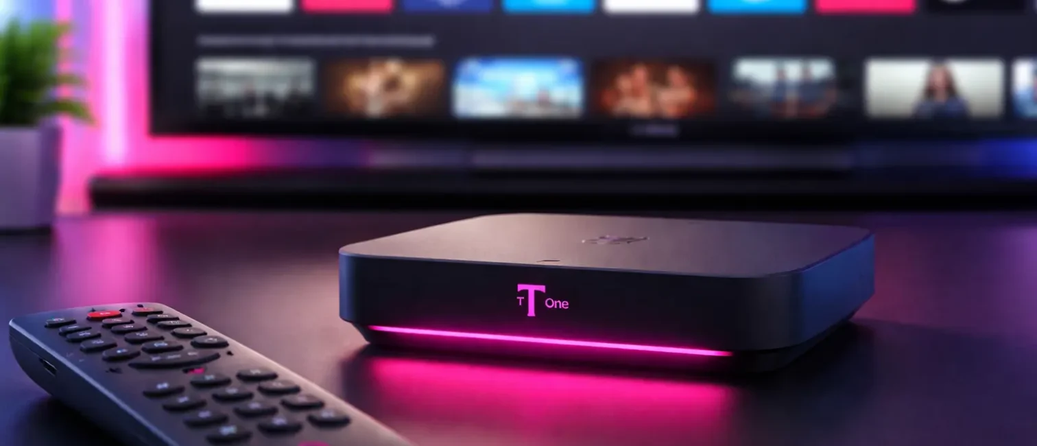 Minimalistisches Beitragsbild mit schwarzer Streaming-Box und Fernbedienung vor unscharfem TV-Hintergrund in Magenta- und Dunkelblau-Tönen.