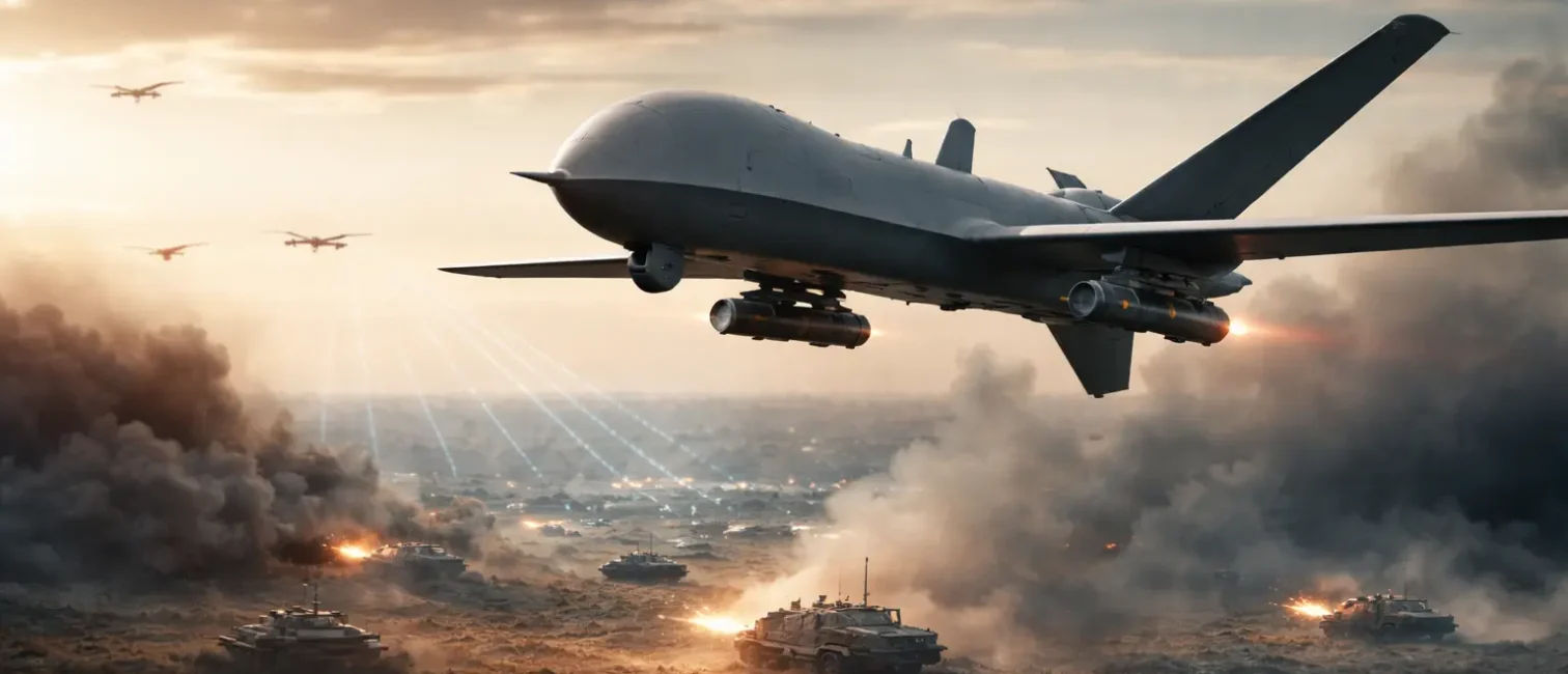 Minimalistisches Beitragsbild einer militärischen Drohne im Flug über rauchiger Landschaft, mit Bildschwerpunkt mittig rechts.